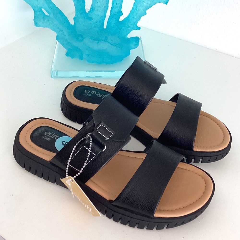 Euro Soft by Sofft Black Buckle Strap Wedge Heel Slide on Sandal Size 6 M NEW